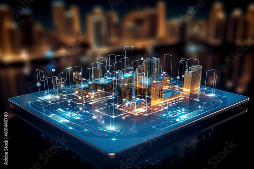 Smart city on circuit board background..AI technology generated image