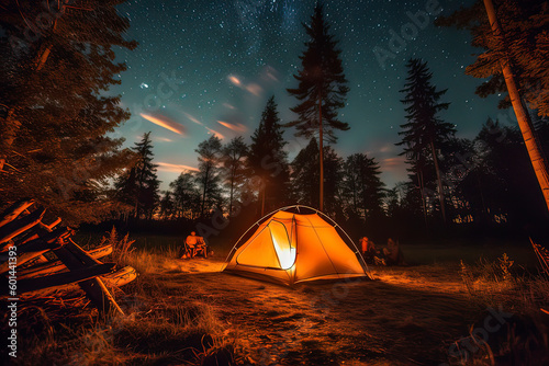 Bonfires and tents in the suburbs at night. AI technology generated image
