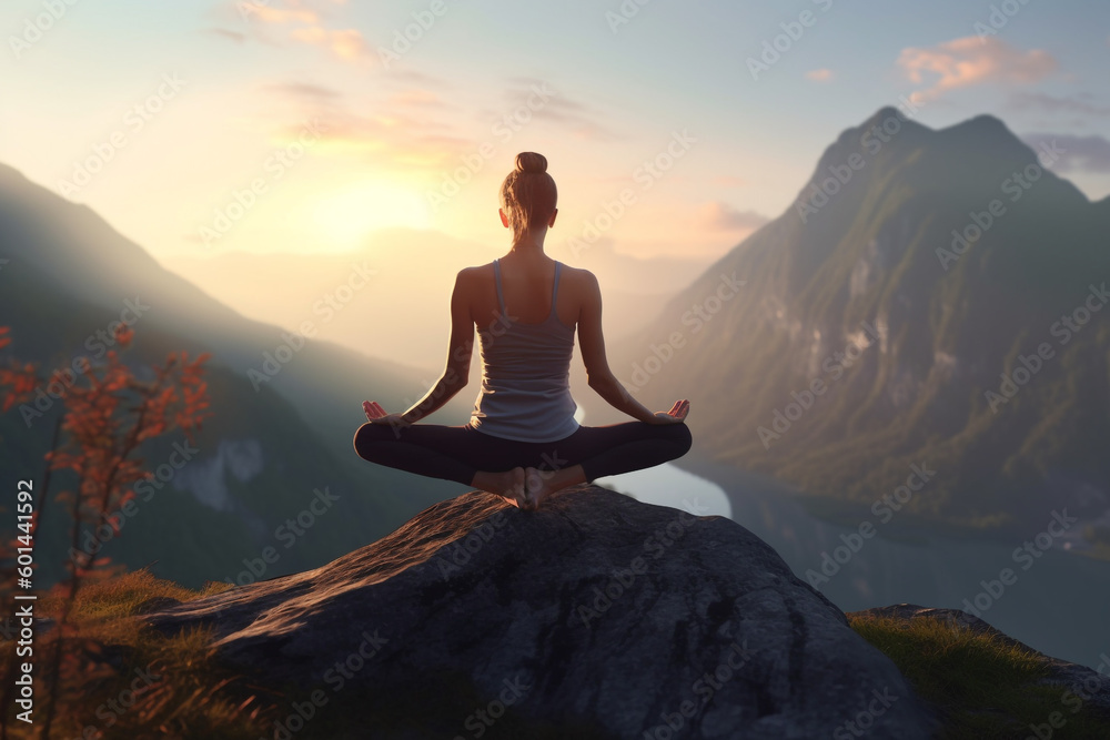 young fitness girl doing yoga. woman meditating on top of a mountain at sunset. Generative Ai