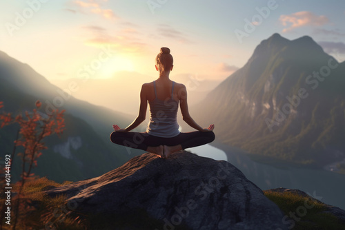 young fitness girl doing yoga. woman meditating on top of a mountain at sunset. Generative Ai