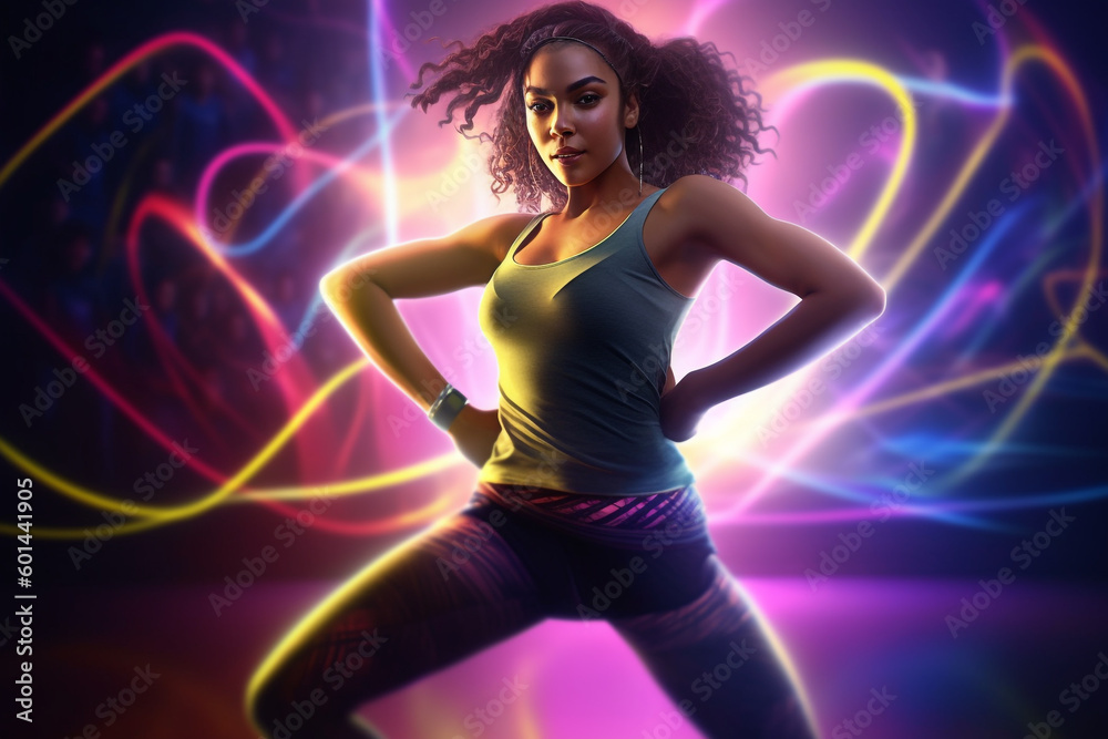 woman doing fitness.  woman in a neon outfit posing with her hands on her hips. Generative Ai