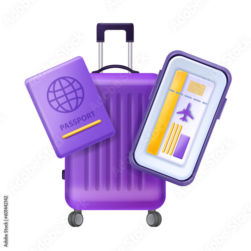 3D travel plane vacation trip, vector summer holiday flight ticket airport baggage clipart, passport. Tourism cartoon transportation concept, online booking business illustration. 3D travel adventure