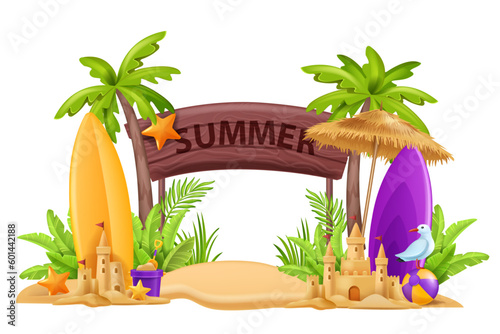 3D beach sign post, summer board, vector vacation travel frame, exotic palm tree, sand castle, gull. Tropical ocean copy space billboard, surfboard, sun umbrella, holiday coast concept. Beach sign