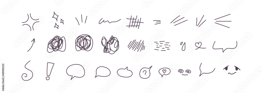 Anime manga doodle scribble effect, particle, speech bubble set. Pencil, pen or marker hand drawn cute arrows, smileys (Full Vector)