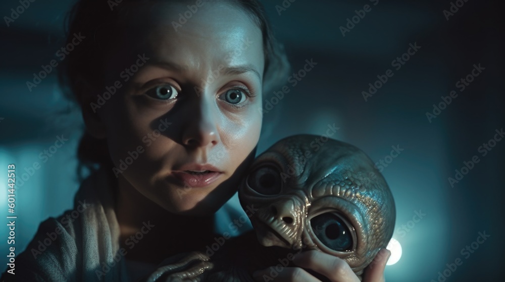 Extraterrestrial alien newborn baby with big eyes being cuddled by ...