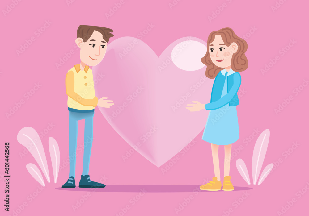 Romantic couple vector. They are holding a big heart sign. pink background. Romantic couple vector. They are holding a big heart sign. pink background.