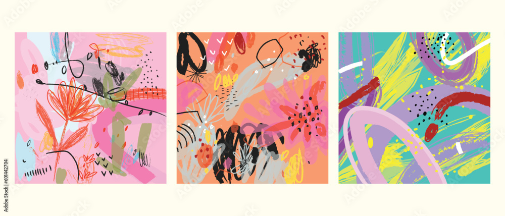 Set of colorful abstract grunge lines and brushes hand drawn vector illustration background.