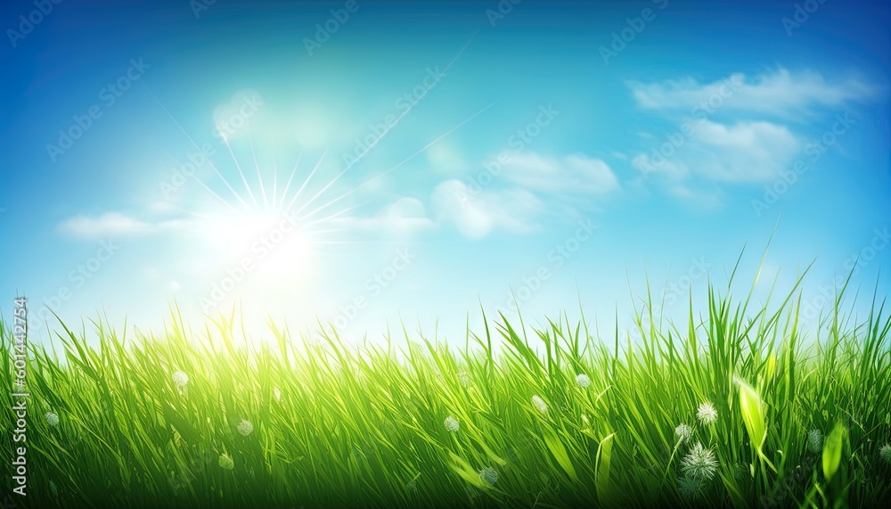 Fototapeta premium Green grass in golden summer sun rays under blue sky and wind blowing. Grass on the meadow in summer day.
