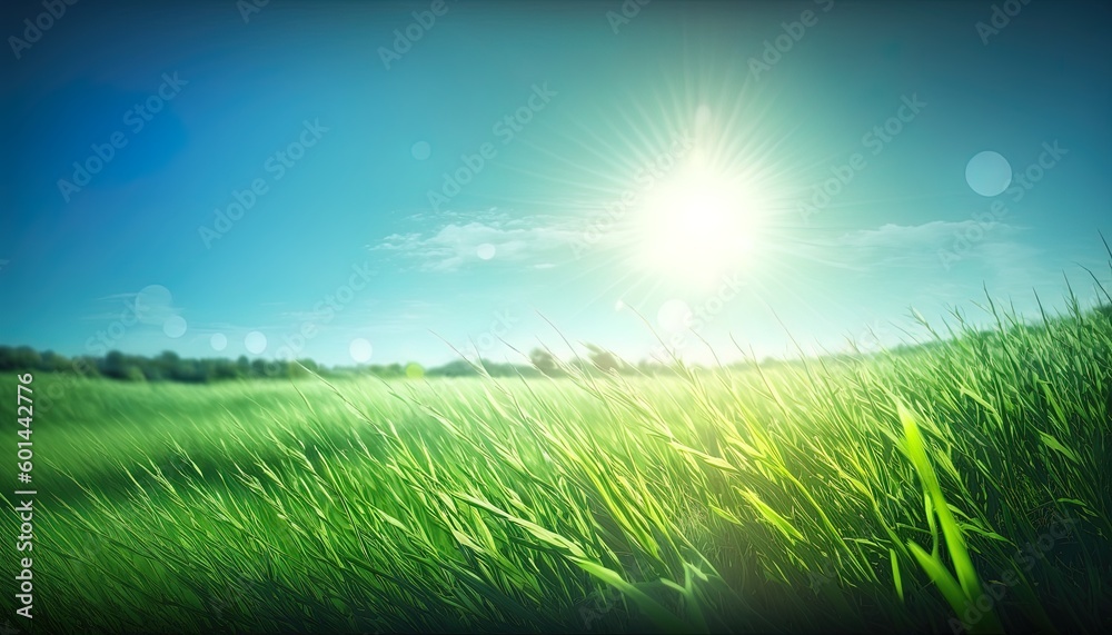 Green grass in golden summer sun rays under blue sky and wind blowing. Grass on the meadow in summer day. Green grass in golden summer sun rays under blue sky and wind blowing. Grass on the meadow in summer day.