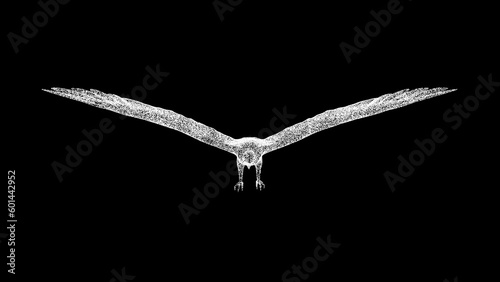 3D Eagle Falcon on black background. Object made of shimmering particles. Wild animals concept. For title, text, presentation. 3d animation.