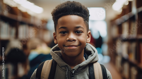 Diversity and Minority Representation In Education: A Smiling Young Black School Boy Wearing a Backpack. A Happy African American Elementary School Student. Generative AI photo