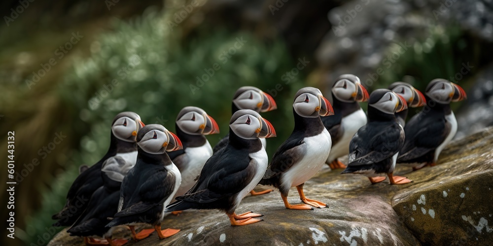 A flock of puffins perching on a rocky shore, ready to dive into the