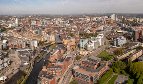 Aerial panorama of Leeds Dock and the river Aire in a Leeds cityscape skyline