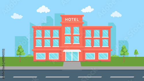 Fototapeta Naklejka Na Ścianę i Meble -  Hotel building vector illustration, motel hostel cartoon flat design