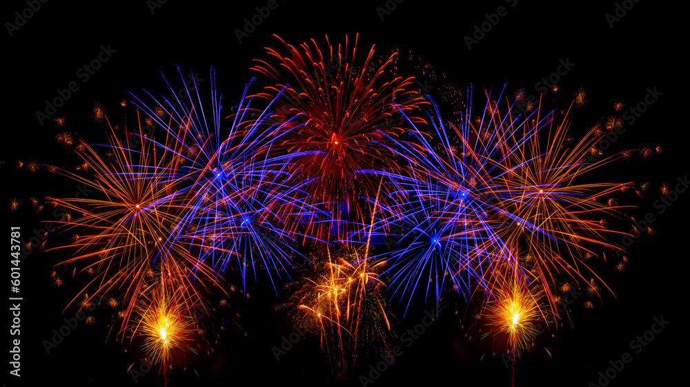 blueand red firework display set for celebration happy new year and merry christmas and fireworks on black background