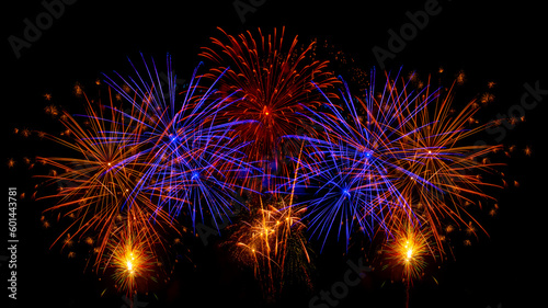 blueand red firework display set for celebration happy new year and merry christmas and fireworks on black background