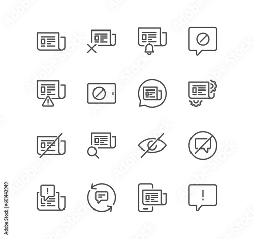 Set of fake news related icons, wrong information, propaganda, innappropriate content, newspaper, press and linear variety vectors.