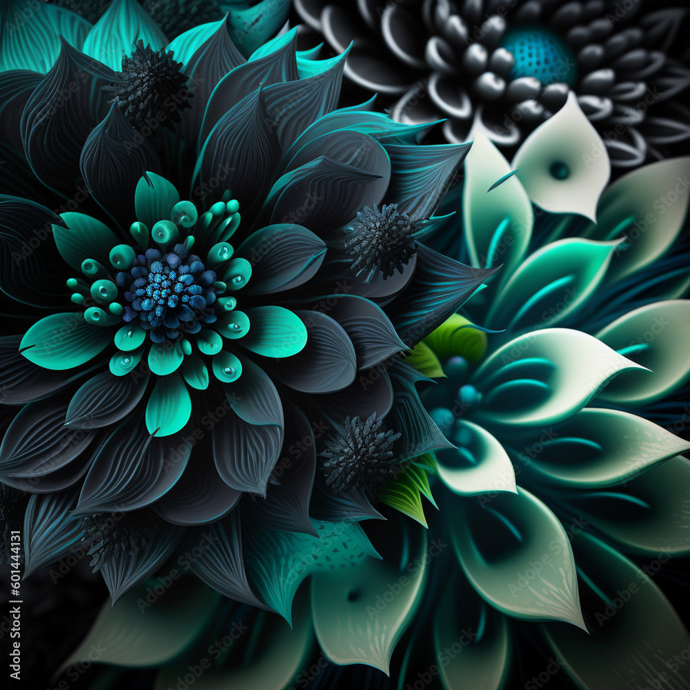 Teal and blue flowers with green stems and leaves.