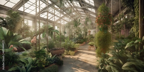 A greenhouse filled with exotic, edible plants, harmoniously combining botany and culinary exploration, concept of Sustainability, created with Generative AI technology