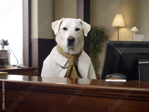 Per dog working in office. Concept of officer, chairman, chief or boss. AI generated image