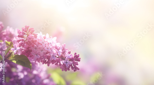 Spring branch of blossoming lilac. Lilac branch over blurred background. Banner with copy space for text. Generative AI