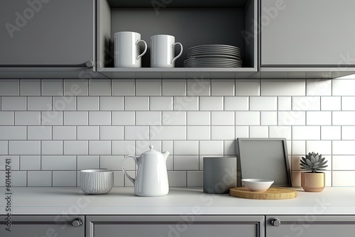 Banner View on white kitchen in Scandinavian modern style  kitchen details  plants on white countertop  white ceramic brick wall background. Sustainable living Eco friendly kitchen.