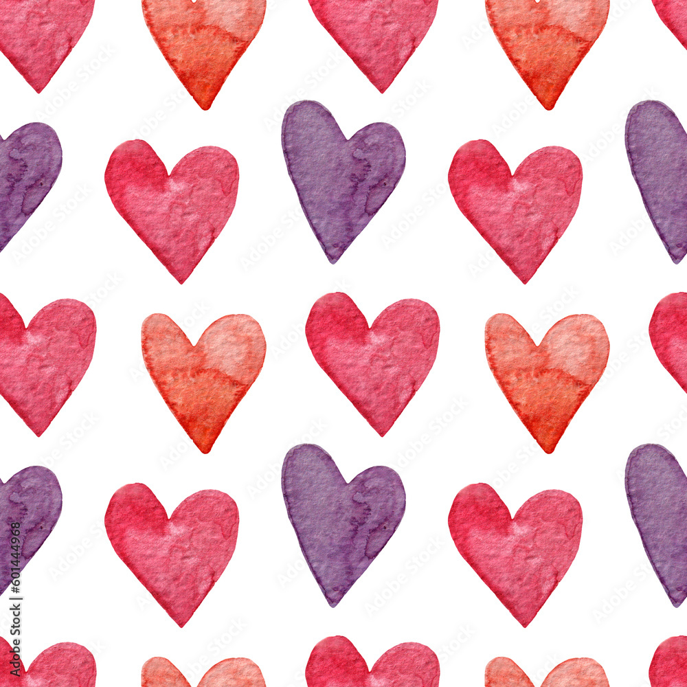 Seamless watercolor pattern with pink and purple hearts. Cute pattern with brown hearts.