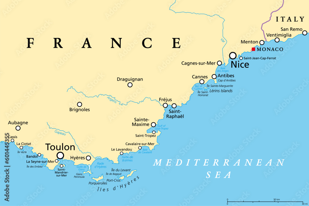 French Riviera, political map. Mediterranean coastline of the southeast corner of France, known as Cote dAzur (Azure Coast). Usually considered to extend from Toulon in the west to Menton in the east.