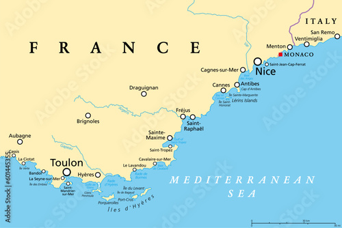 French Riviera  political map. Mediterranean coastline of the southeast corner of France  known as Cote dAzur  Azure Coast . Usually considered to extend from Toulon in the west to Menton in the east.