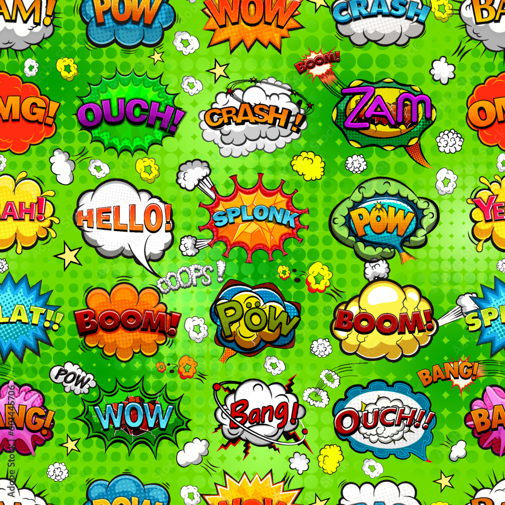 Comic speech bubbles arranged in a seamless pattern on a green background.