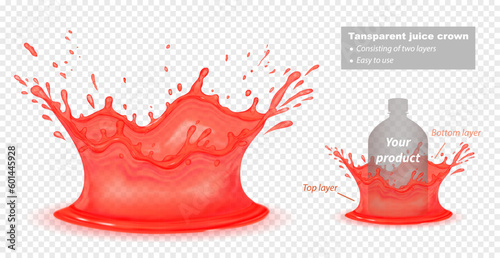 Realistic red juice splash on a transparent background. Vector illustration.