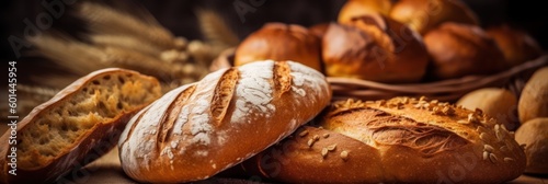Freshly baked bread loaves variety on bakery shelf, close up. Generative AI