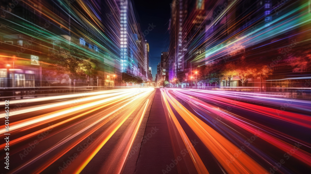 Vehicle lights on the streets of a city at night. Long exposure shot. Generative AI