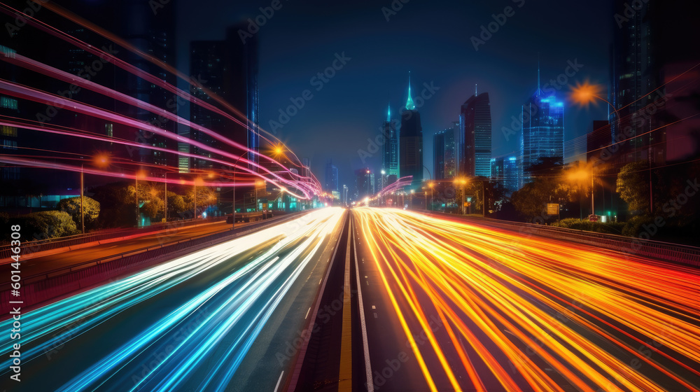 Vehicle lights on the streets of a city at night. Long exposure shot. Generative AI