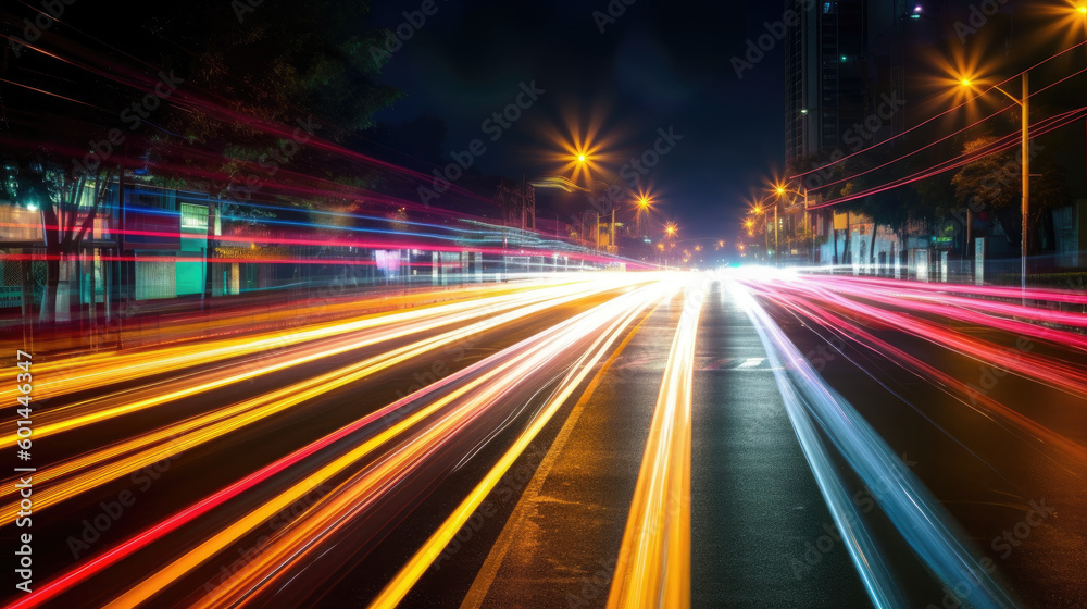 Fototapeta premium Vehicle lights on the streets of a city at night. Long exposure shot. Generative AI