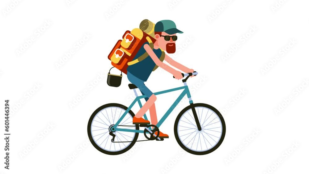 Bearded Cyclist with backpack. Biker Tourist with backpack on mountain bike. Looped animation Bearded Cyclist with backpack. Biker Tourist with backpack on mountain bike. Looped animation