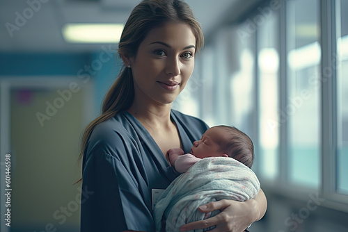 Maternity ward with a mother holding her newborn baby, Generative AI