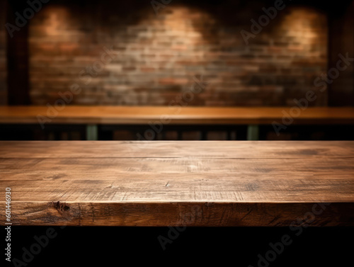 old wooden table with brick background