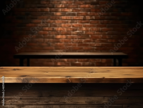 old wooden table with brick background
