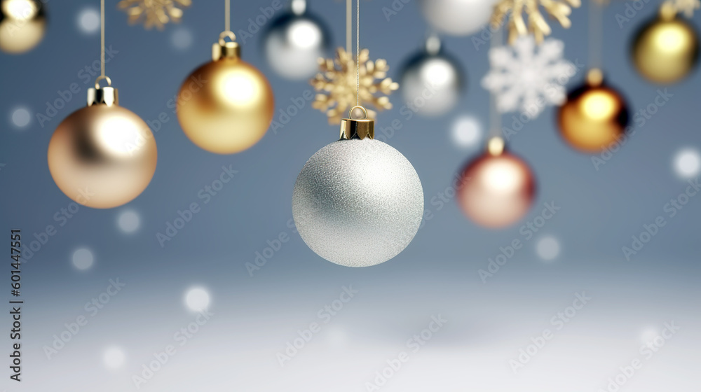 Clean minimal Christmas holiday background with colorful Christmas tree with decorative balls. Merry Christmas wallpaper or web design. Seasonal greeting card design. Generative AI.