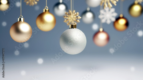 Clean minimal Christmas holiday background with colorful Christmas tree with decorative balls. Merry Christmas wallpaper or web design. Seasonal greeting card design. Generative AI.