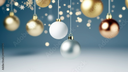 Clean minimal Christmas holiday background with colorful Christmas tree with decorative balls. Merry Christmas wallpaper or web design. Seasonal greeting card design. Generative AI.
