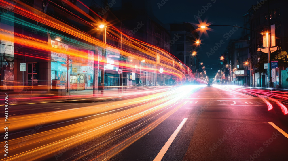 Vehicle lights on the streets of a city at night. Long exposure shot. Generative AI