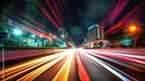 Vehicle lights on the streets of a city at night. Long exposure shot. Generative AI