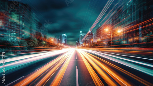 Vehicle lights on the streets of a city at night. Long exposure shot. Generative AI