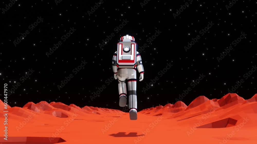 Spaceman in spacesuit walking on the surface of Mars in lowgravity. Astronaut on Mars. Back