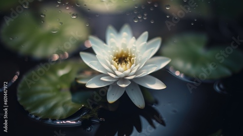 Bright white waterlily lotus flower in full bloom surrounded by green lily pads with water drops  murky dark pond water reflections - generative ai