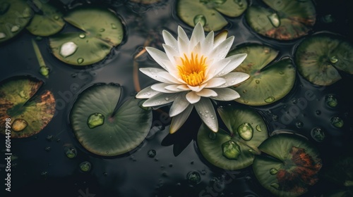 Bright white waterlily lotus flower in full bloom surrounded by green lily pads with water drops, murky dark pond water reflections - generative ai