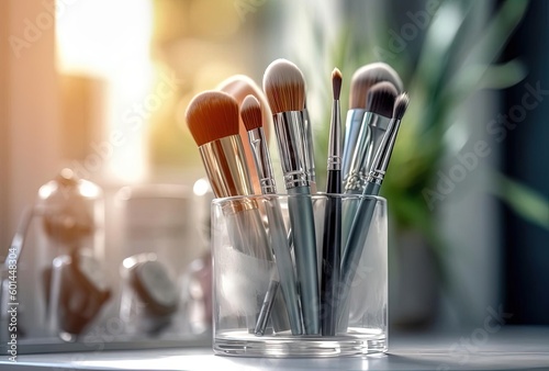 makeup brushes in glass holder, generative ai