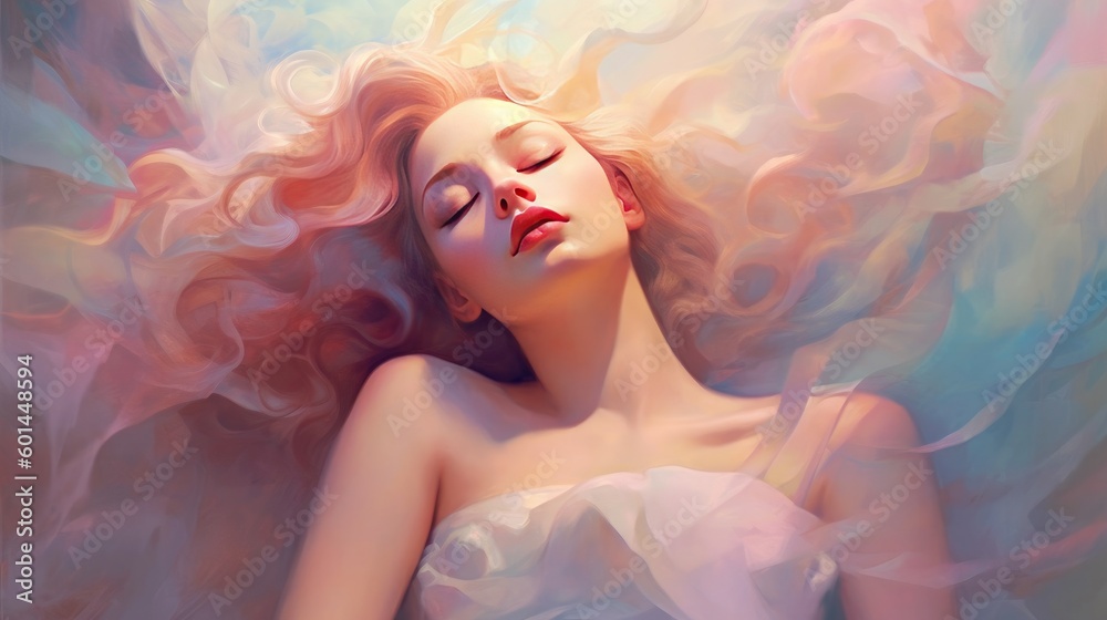 Beautiful young woman asleep lucid dreaming illustration watercolor style pastel colors painting generative ai